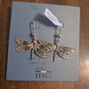 Elegant Gold and Green Dragonfly Earrings